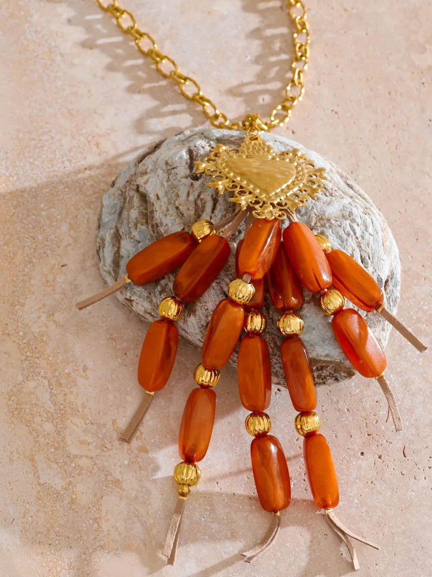 Boho Gold Heart Pendant Necklace with Beads