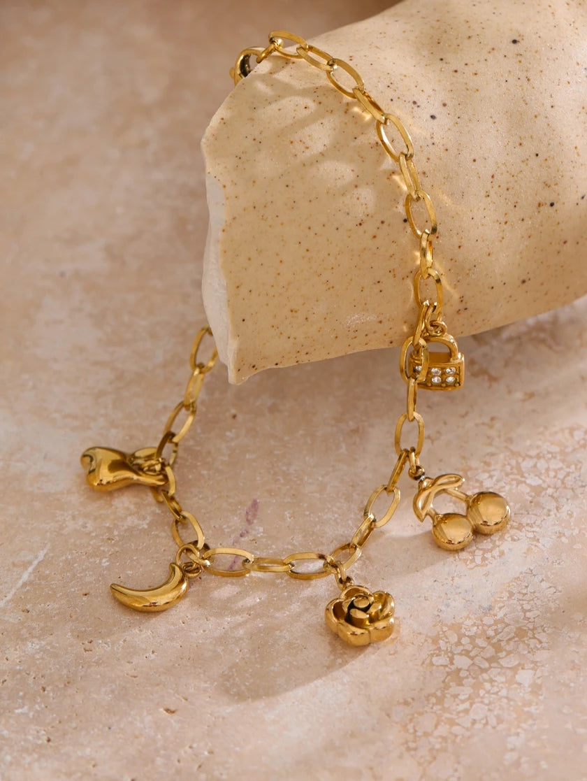 Cherry, Flower, Moon Charm Bracelet