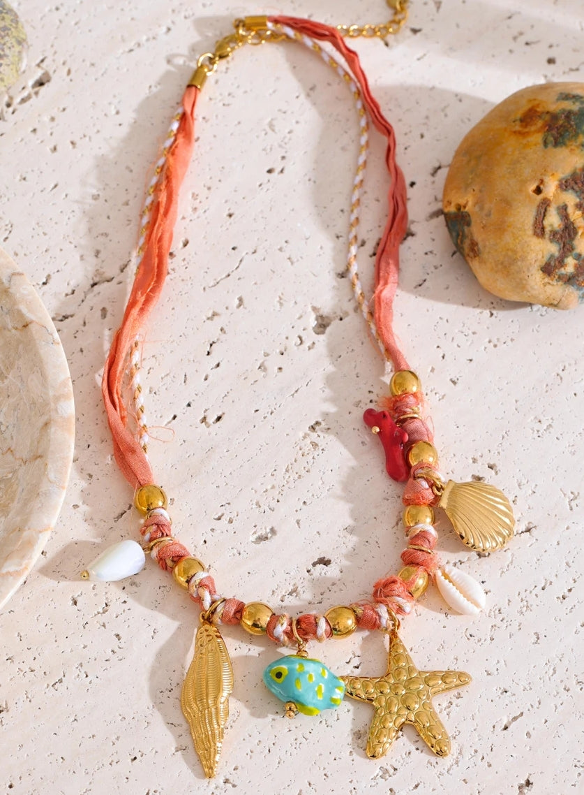 Braided Red Rope Sea Charms Necklace