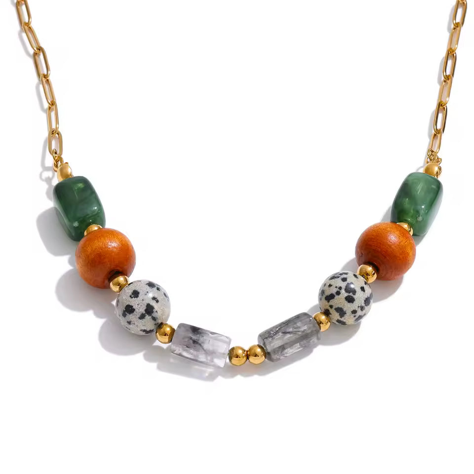 Natural Stone Resin Wood Beads Chain Necklace