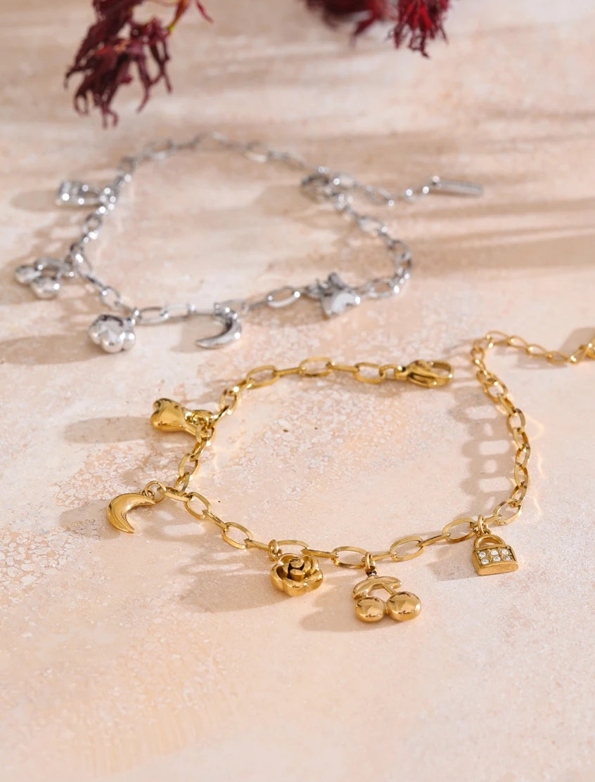 Cherry, Flower, Moon Charm Bracelet