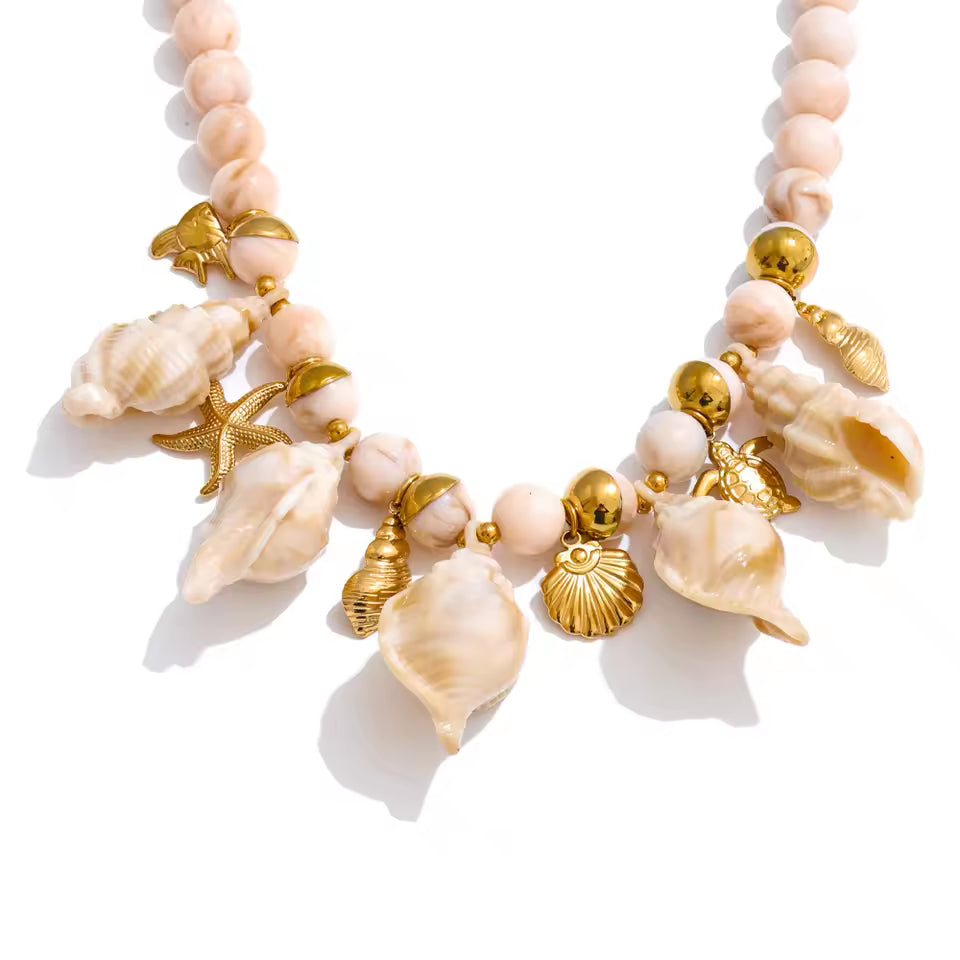 Natural Stone & Acrylic Conch Charm Necklace