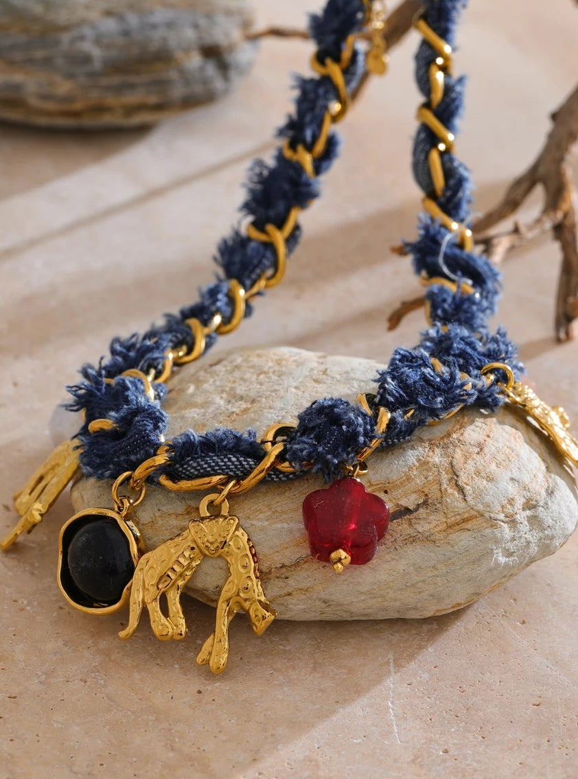 Blue Denim Panther Charm Necklace