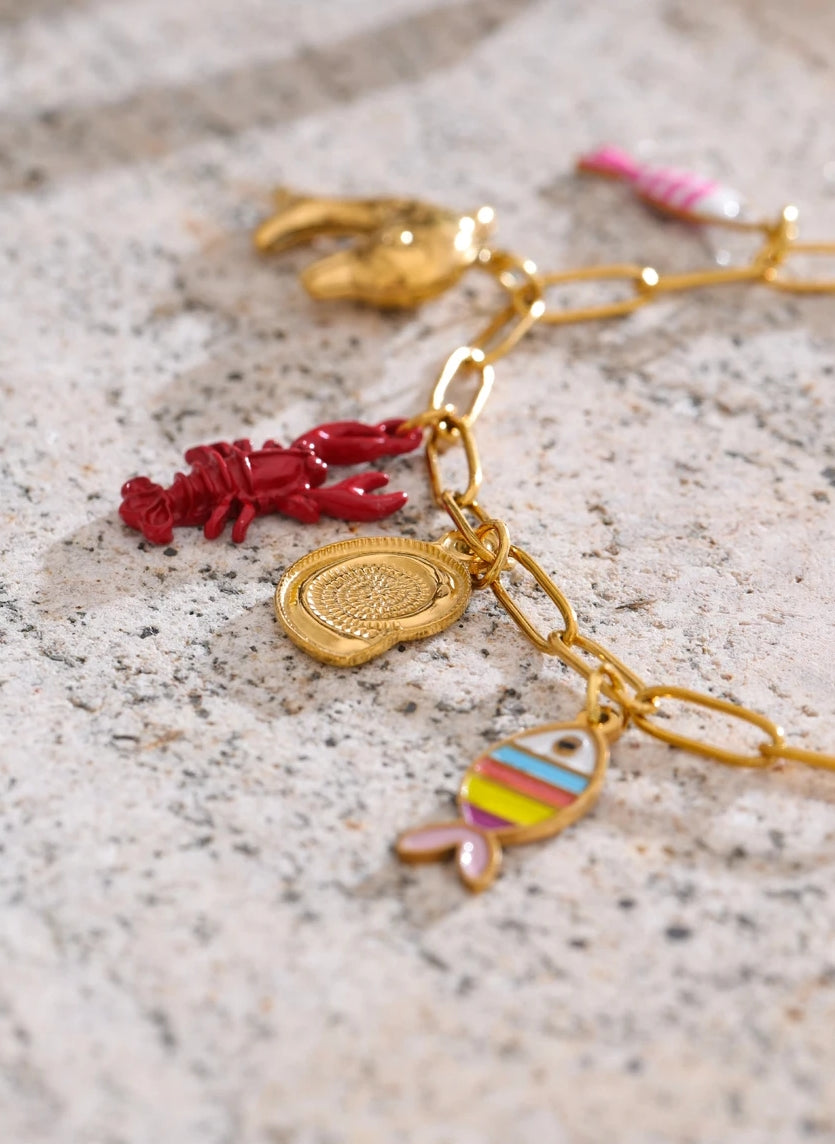 Lobster, Dolphin, Shell & Fish Enamel Charm Bracelet