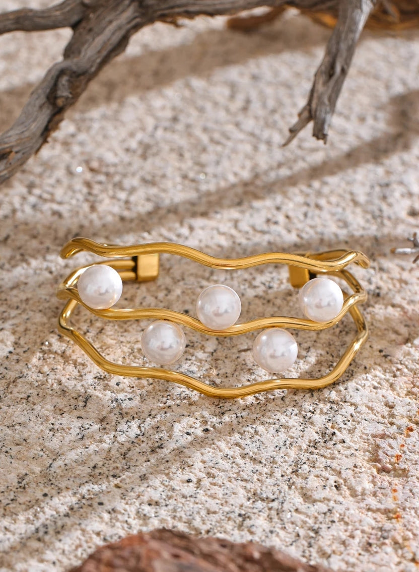 Simulated Pearl Layered Hollow Cuff Bracelet