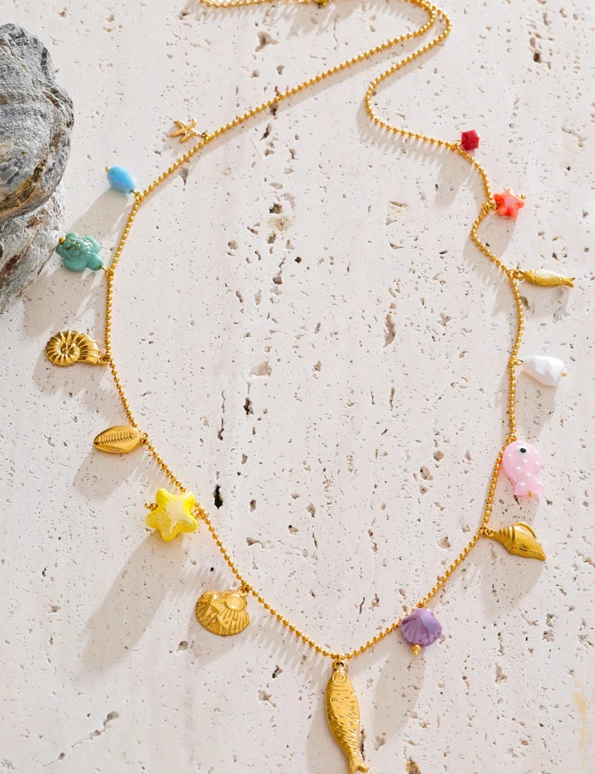 Colorful Ceramic Sea Charm Necklace with Gold Chain