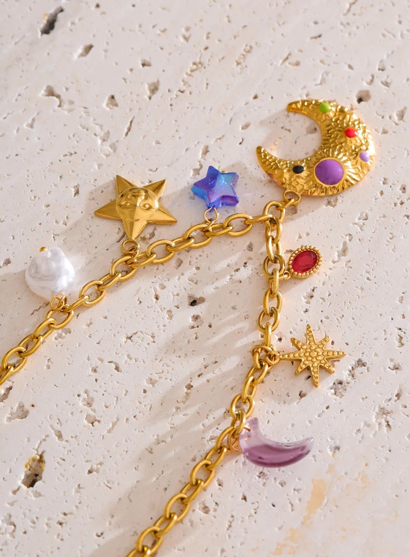 Acrylic Moon Star and Natural Pearl Charm Necklace