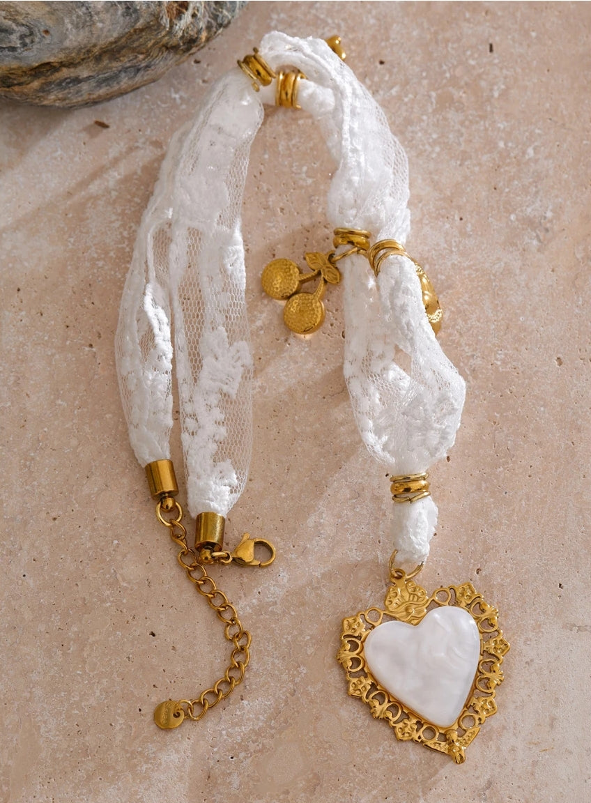 Lace, Cherry & Natural Shell Heart Charm Necklace