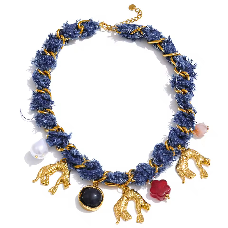 Blue Denim Panther Charm Necklace