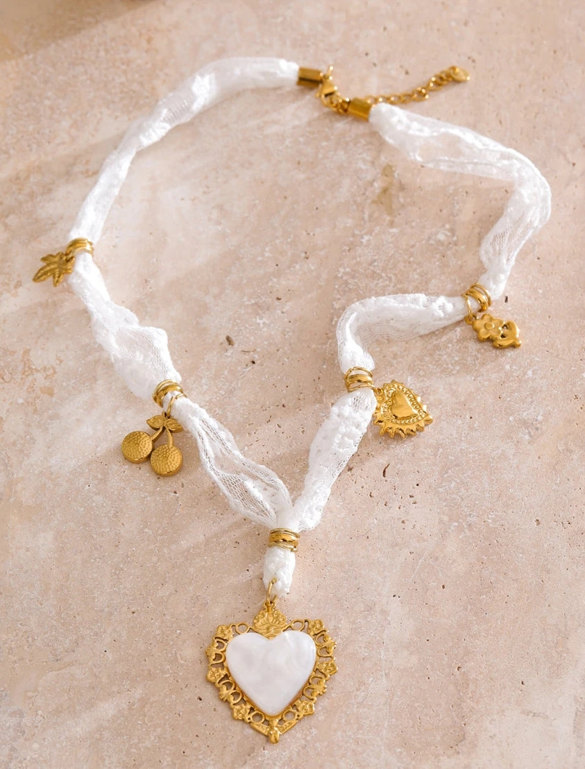 Lace, Cherry & Natural Shell Heart Charm Necklace