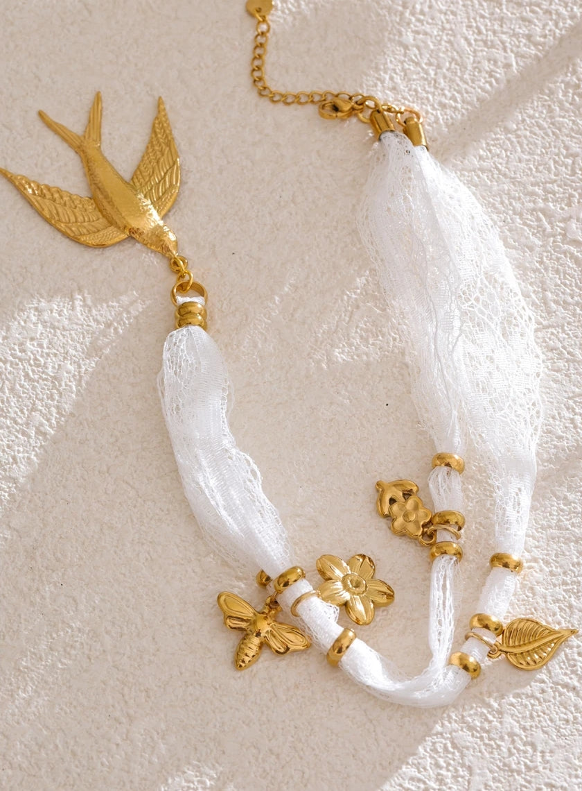 Tulle Lace Floral Charm Bird Pendant Necklace