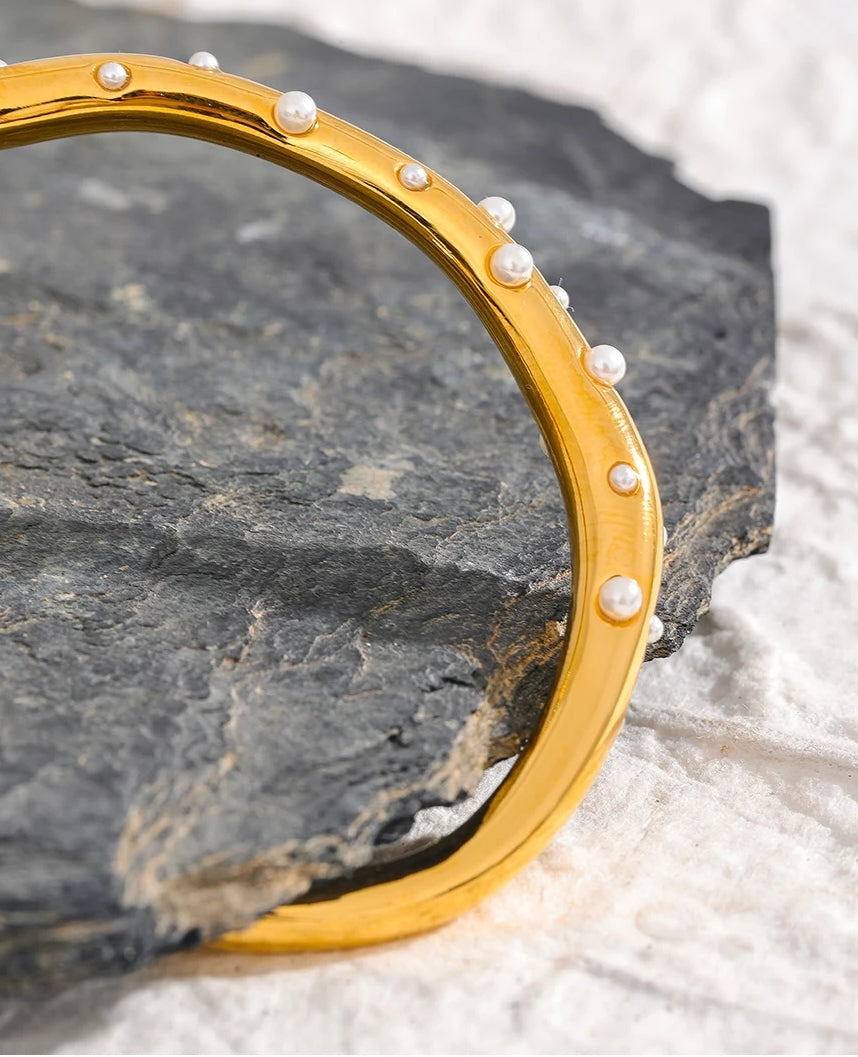 Inlaid Pearl Gold Open Cuff Bracelet