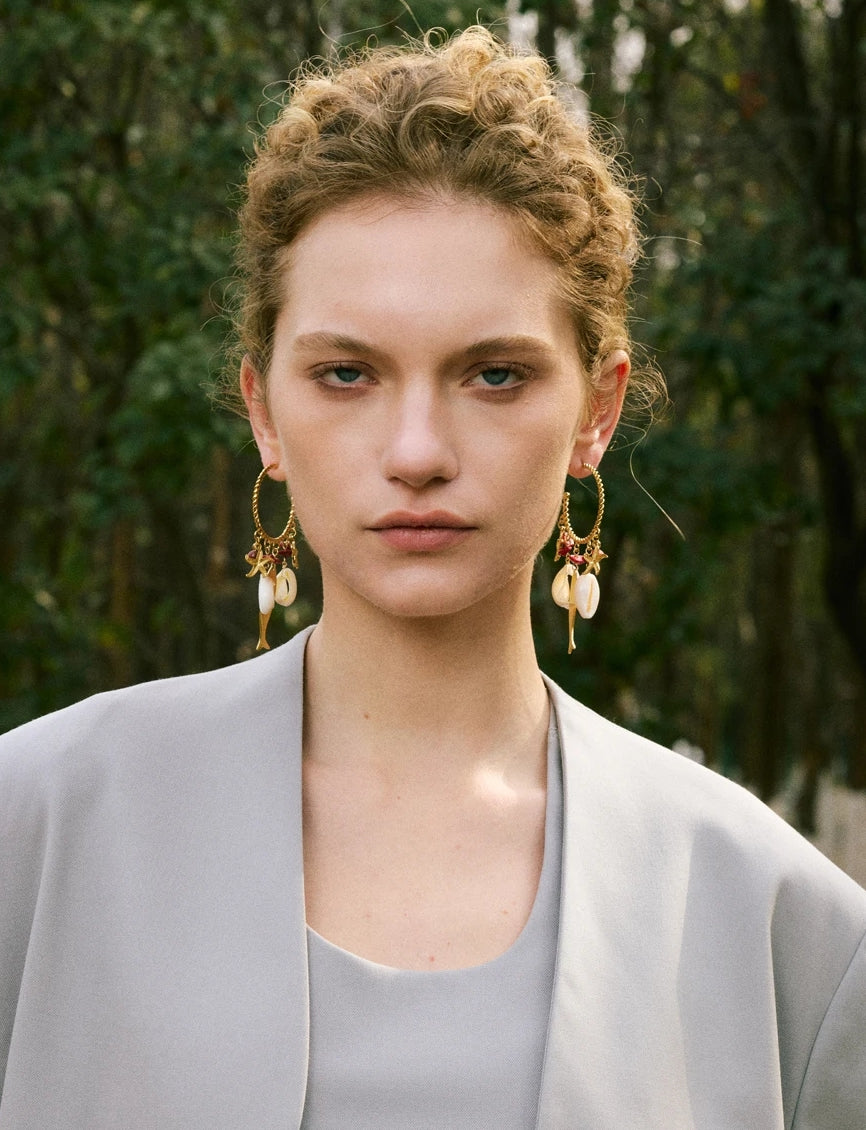 Natural Red Stone & Sea Charms Gold Hoop Earrings