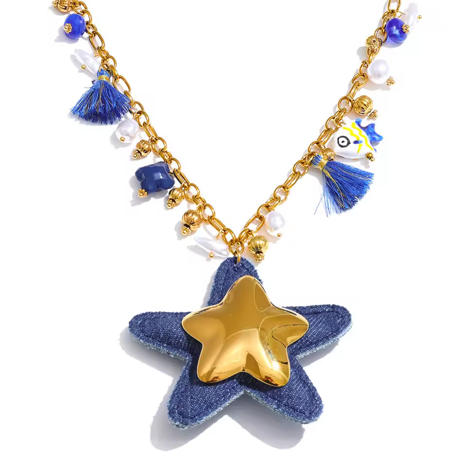 Large Blue Denim Starfish Charm Necklace