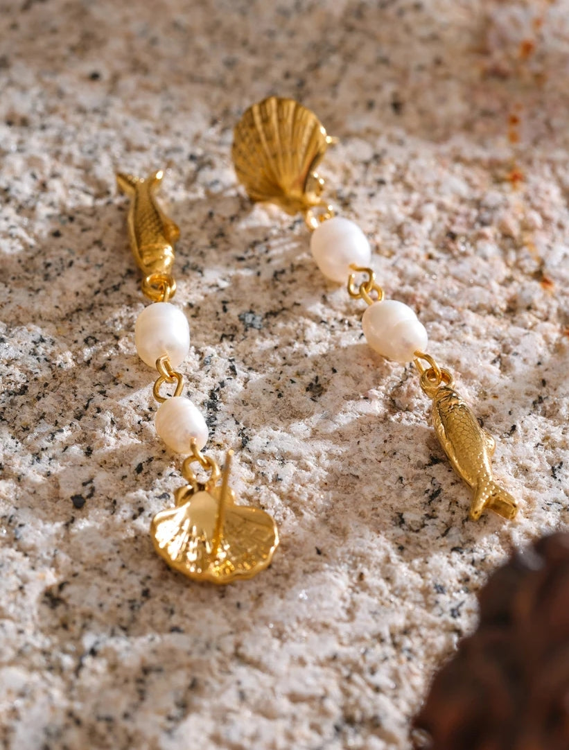 Freshwater Pearl & Ocean Charms Dangle Earrings