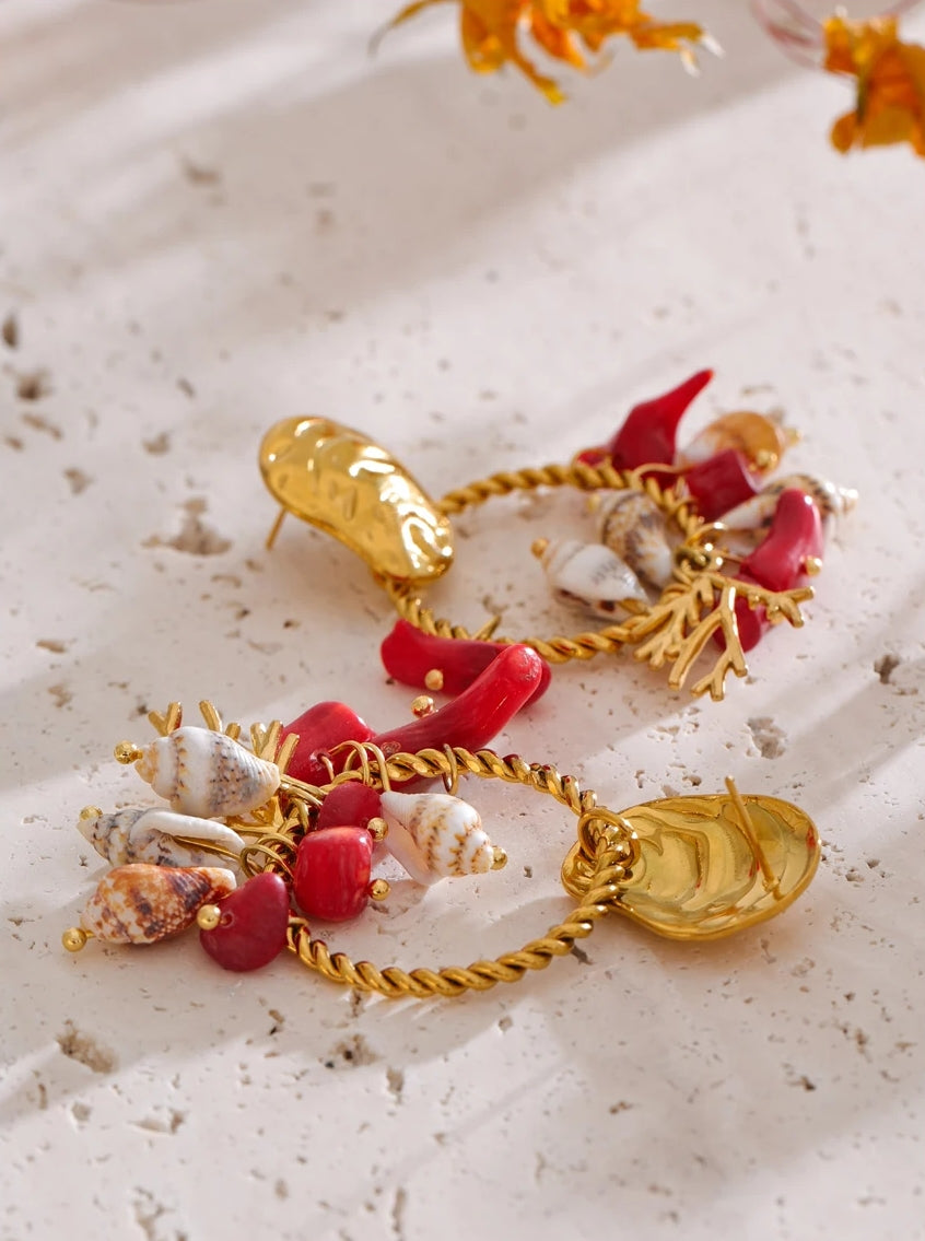 Red Stone & Natural Shell Dangle Earrings