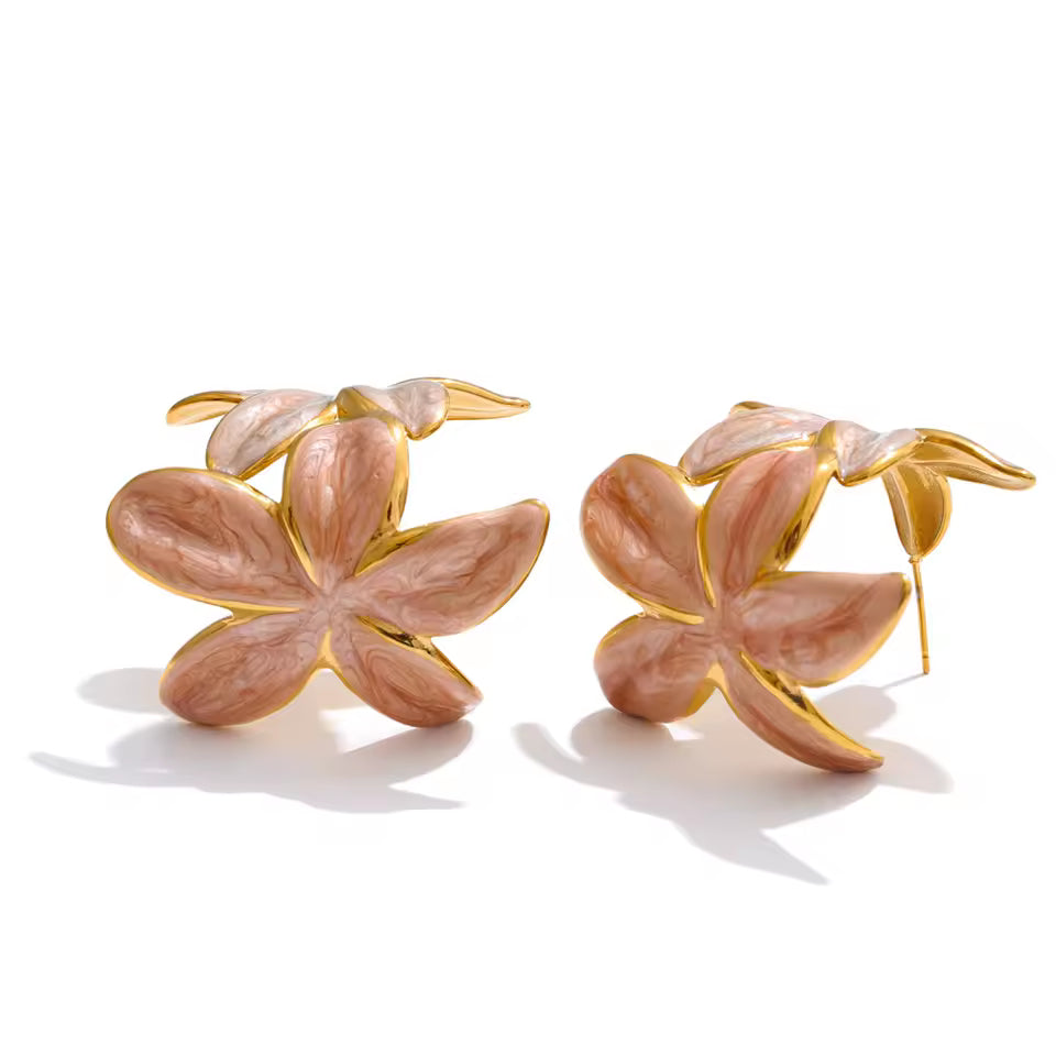 Pink Enamel Golden Flower Huggie Earrings