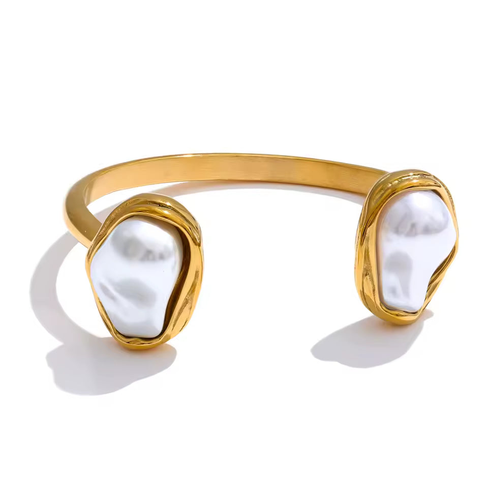 Inlaid Double Natural Pearl Cuff Bracelet
