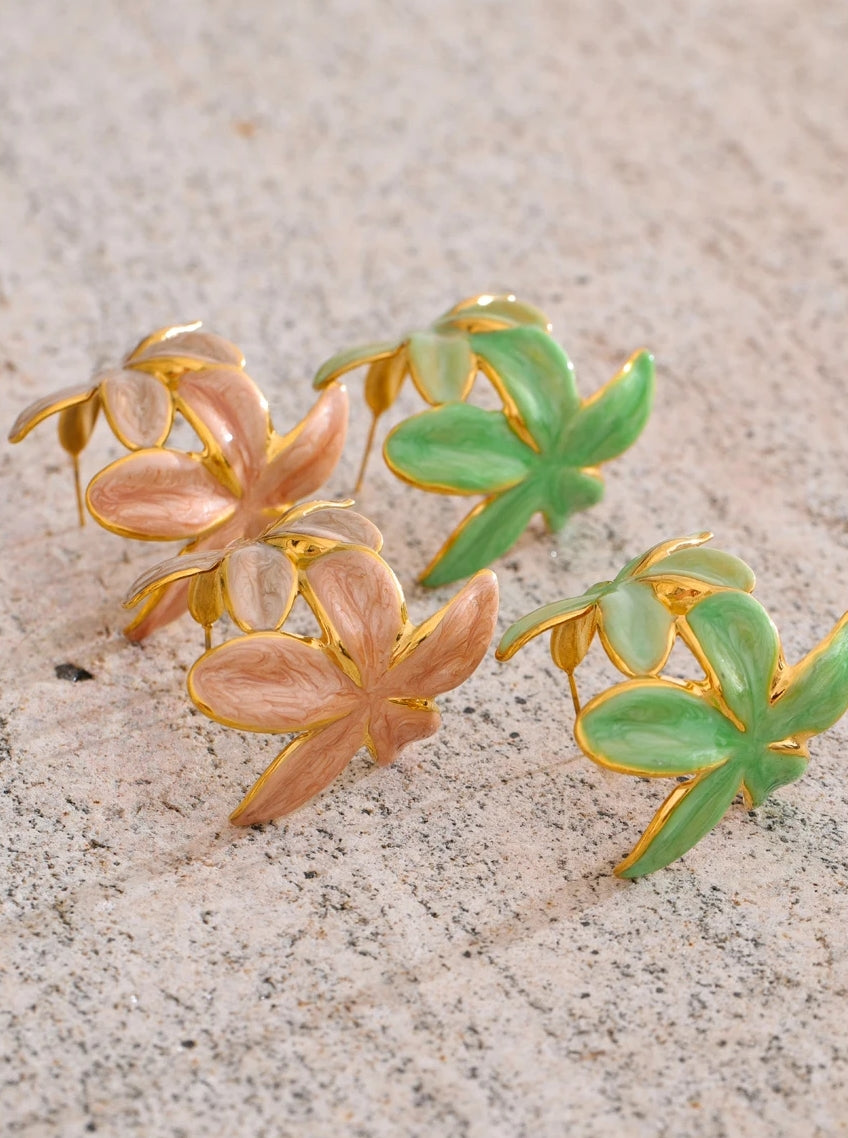 Pink Enamel Golden Flower Huggie Earrings