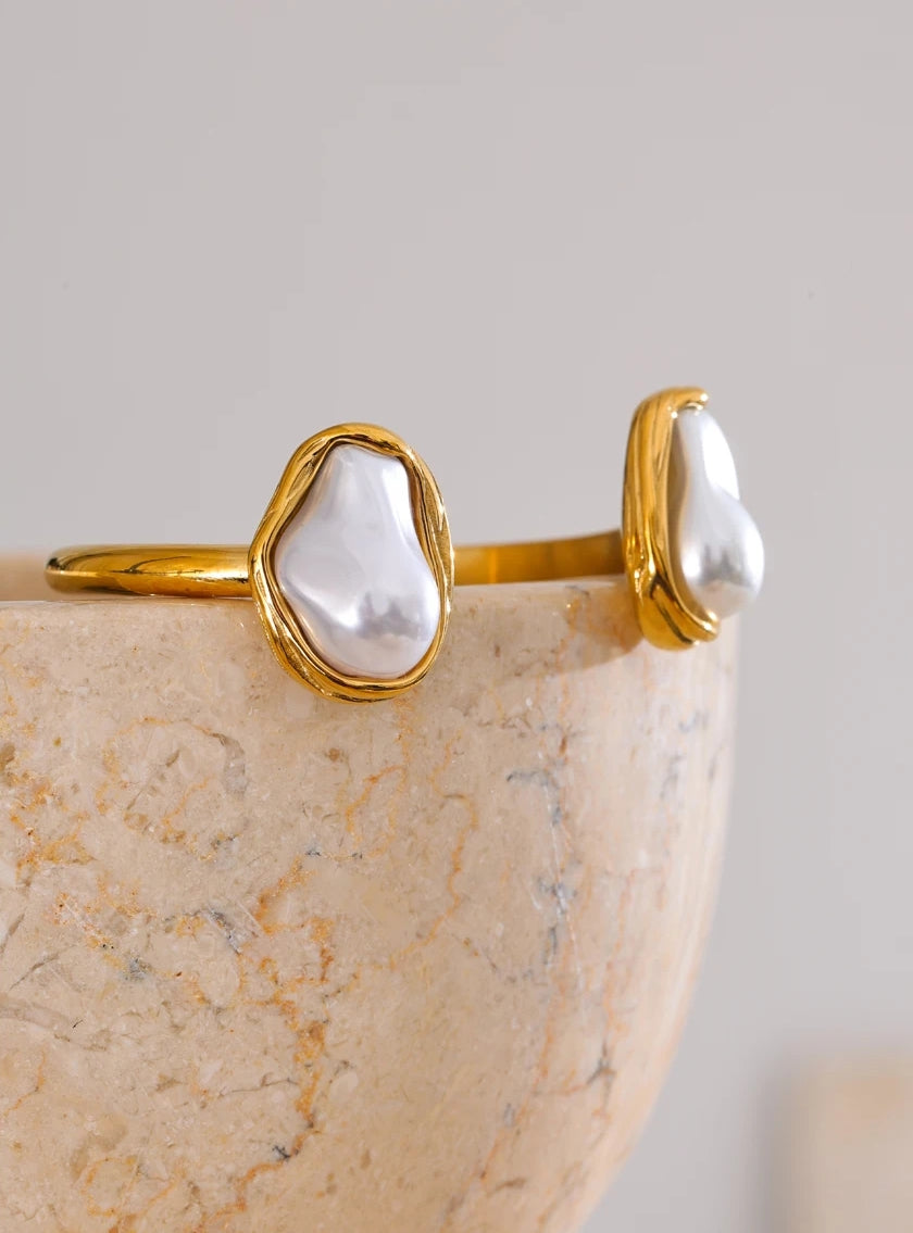 Inlaid Double Natural Pearl Cuff Bracelet