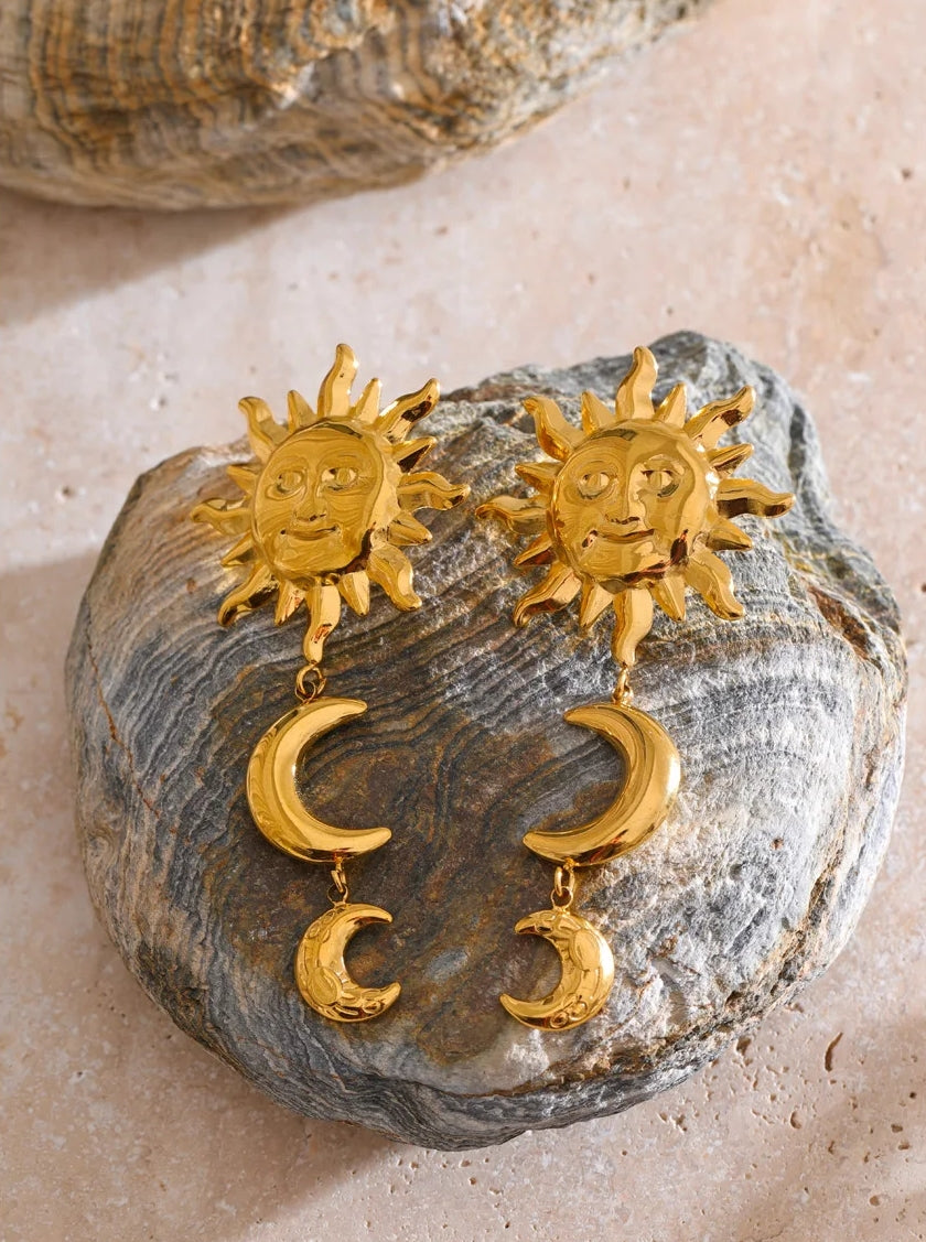 Sun and Double Moon Dangle Earrings