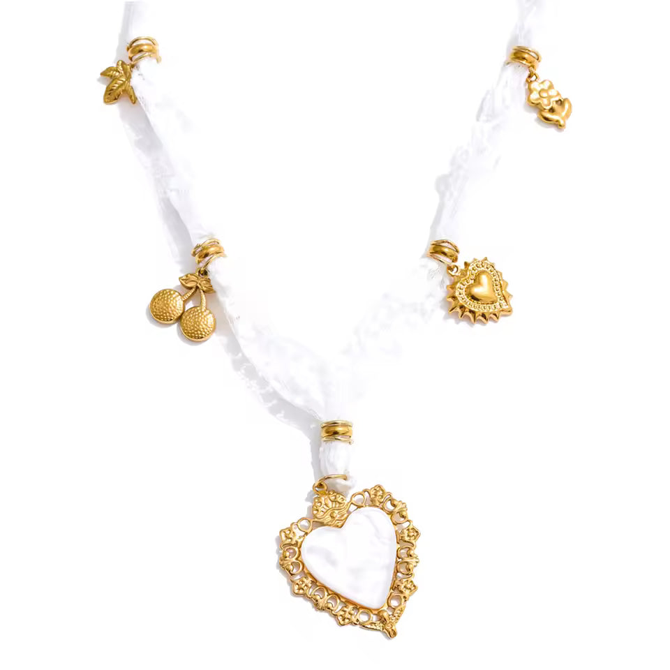 Lace, Cherry & Natural Shell Heart Charm Necklace