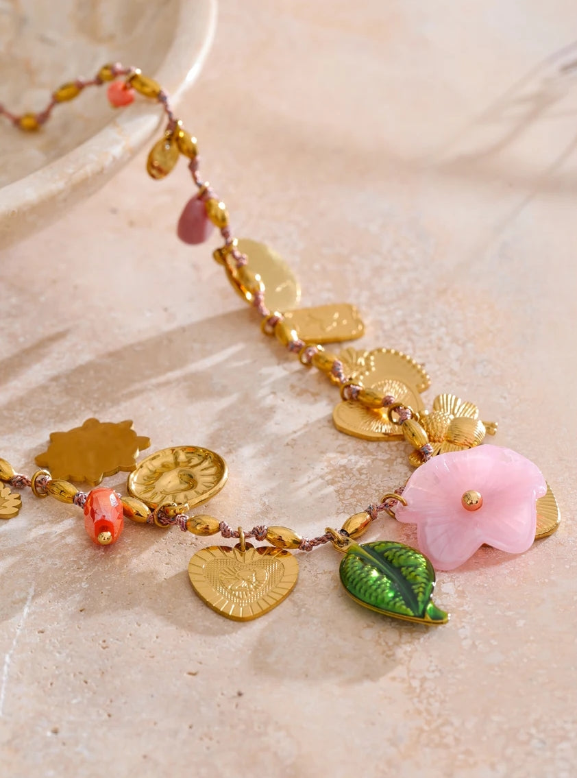 Heart, Flower & Insect Charm Necklace