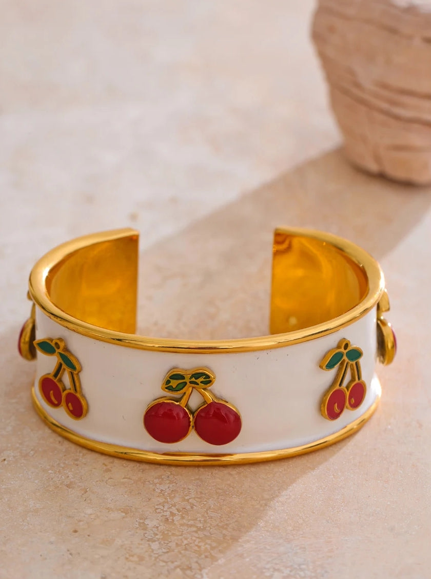 White Enamel Cherry Cuff Bracelet