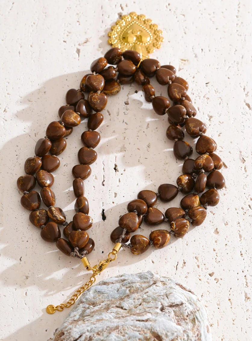 Multi Layered Brown Dolomite Heart Pendant Necklace