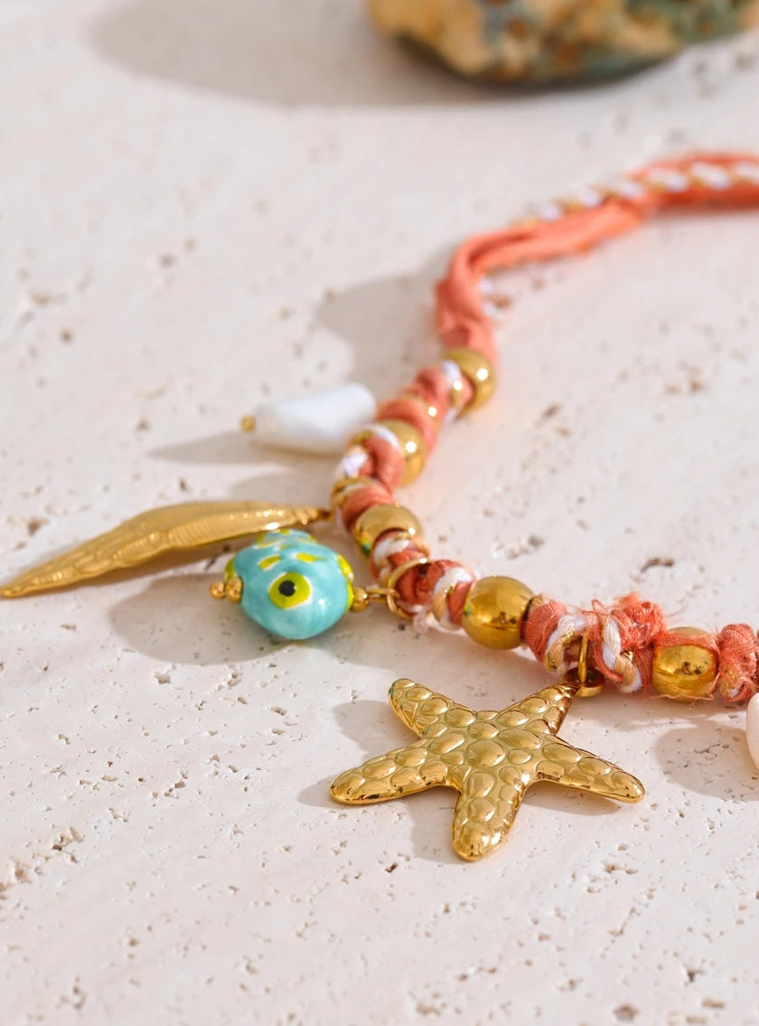 Braided Red Rope Sea Charms Necklace