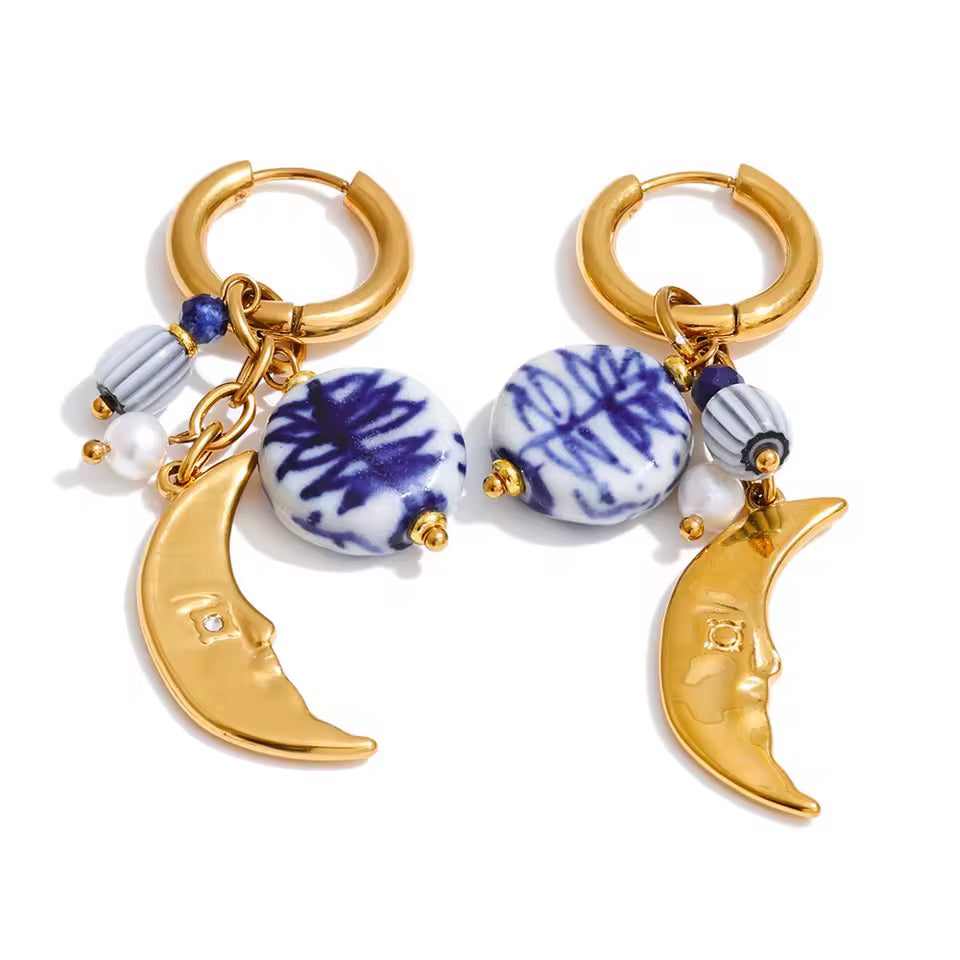 Ceramic Charm Simulated Pearl Moon Hoop Earrings