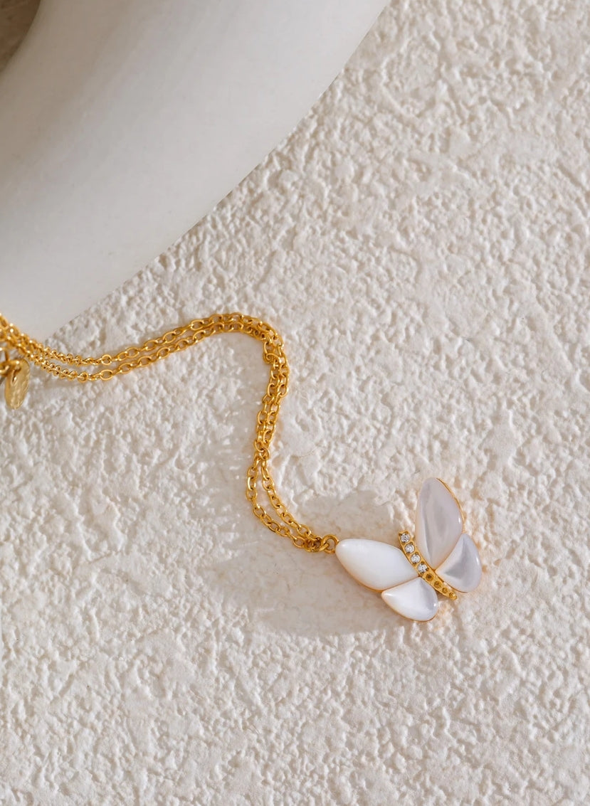 Gold Butterfly Natural Shell Pendant Necklace