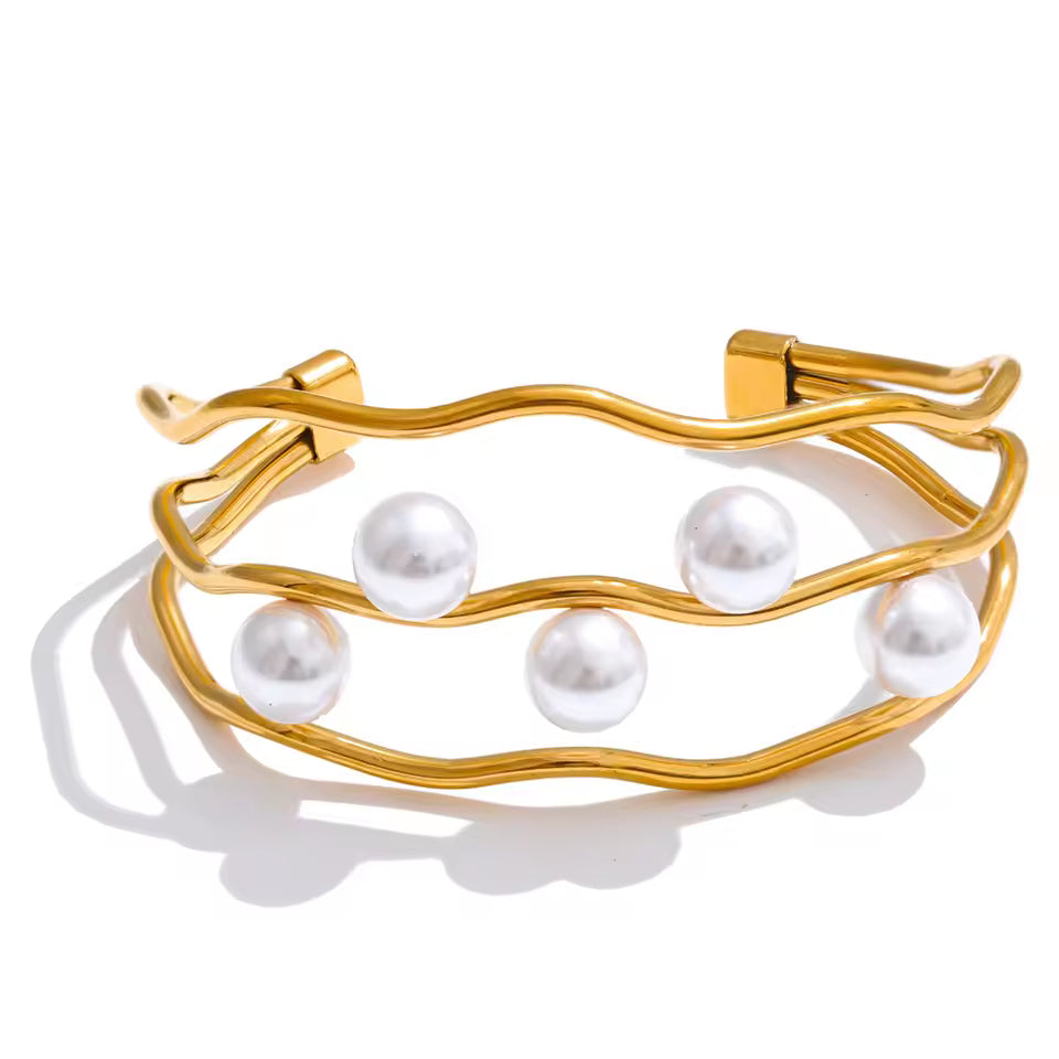 Simulated Pearl Layered Hollow Cuff Bracelet