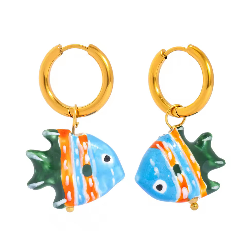 Hand Painted Ceramic Tropical Fish Hoop Earrings