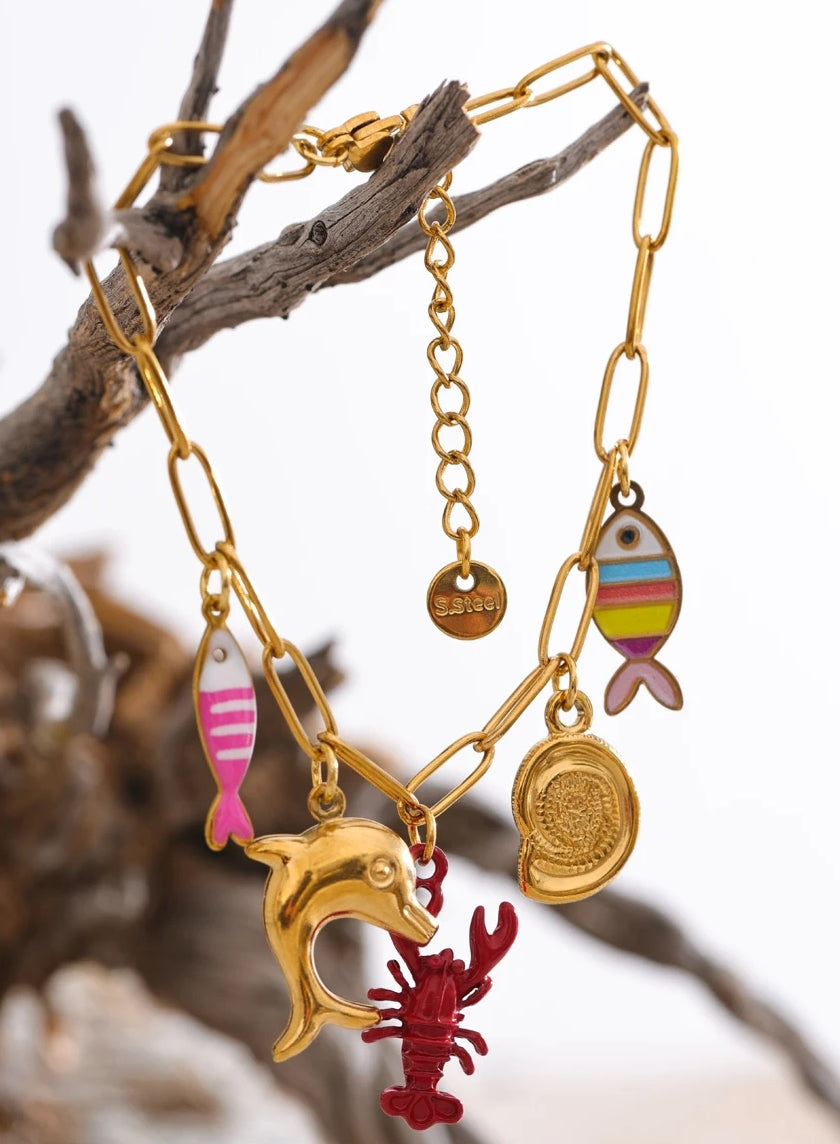 Lobster, Dolphin, Shell & Fish Enamel Charm Bracelet