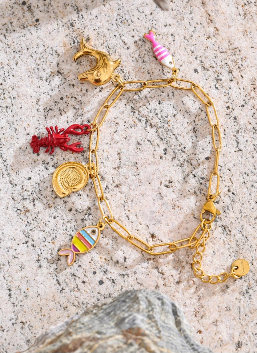 Lobster, Dolphin, Shell & Fish Enamel Charm Bracelet