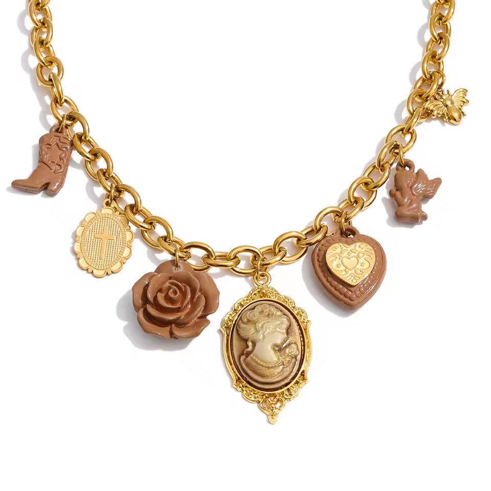 Resin Flower Multi Charm Statement Necklace