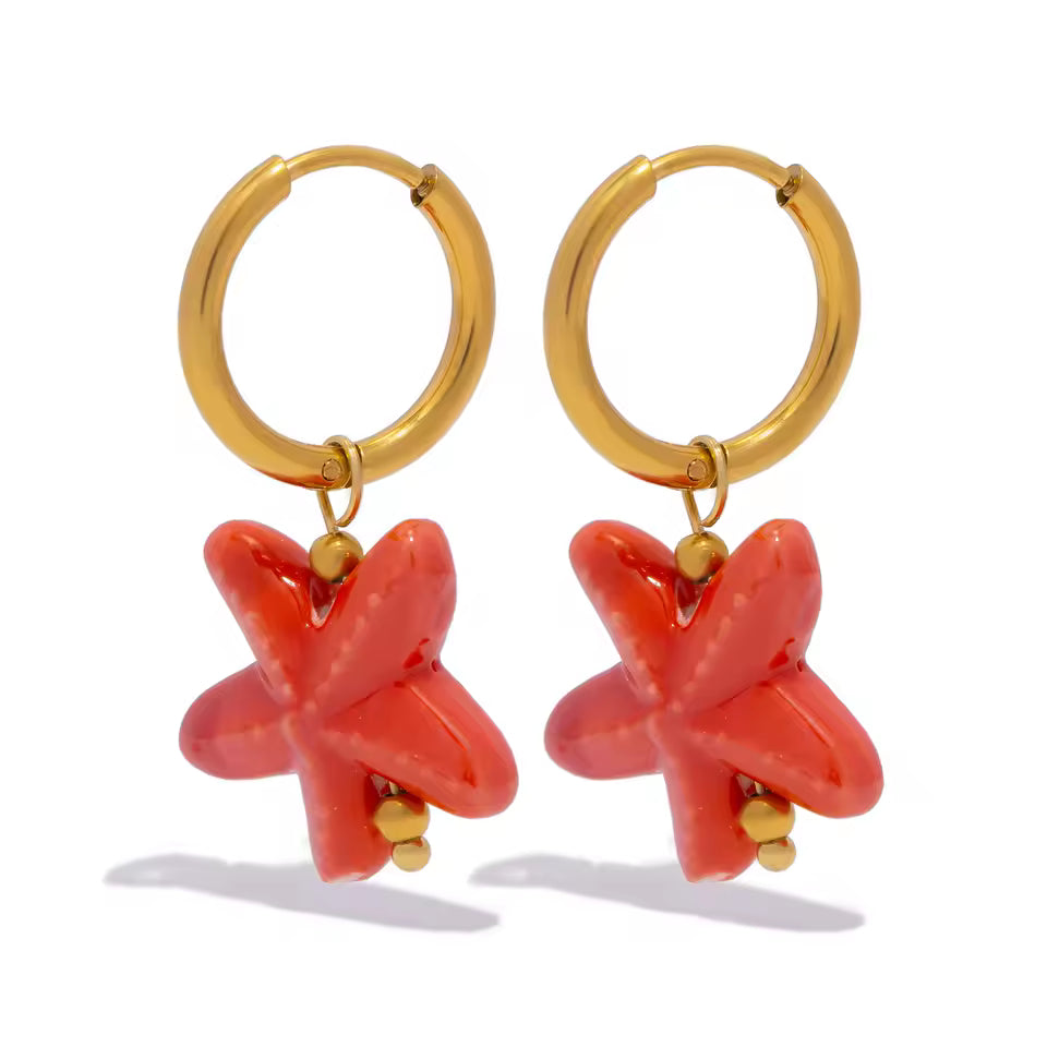 Ceramic Starfish Dangle Hoop Earrings