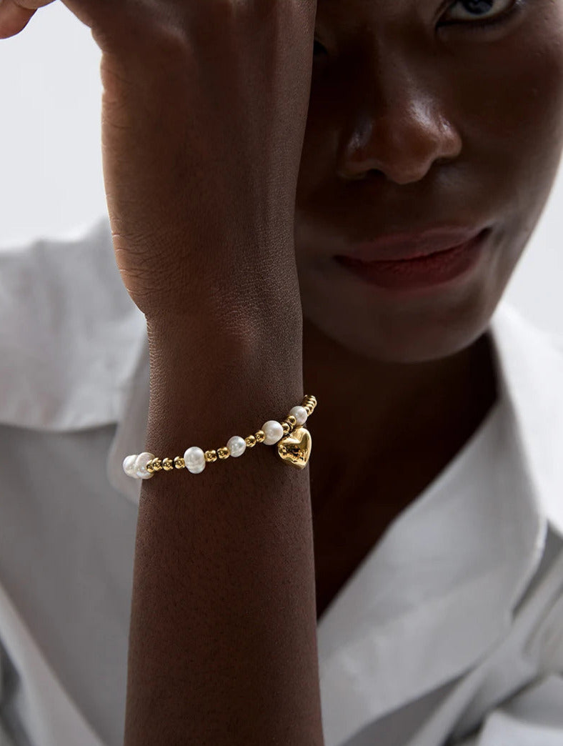 Natural Pearl Round Steel Bead Drop Heart Bracelet