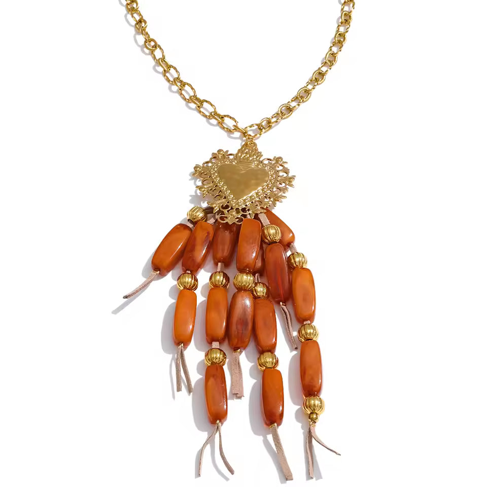 Boho Gold Heart Pendant Necklace with Beads