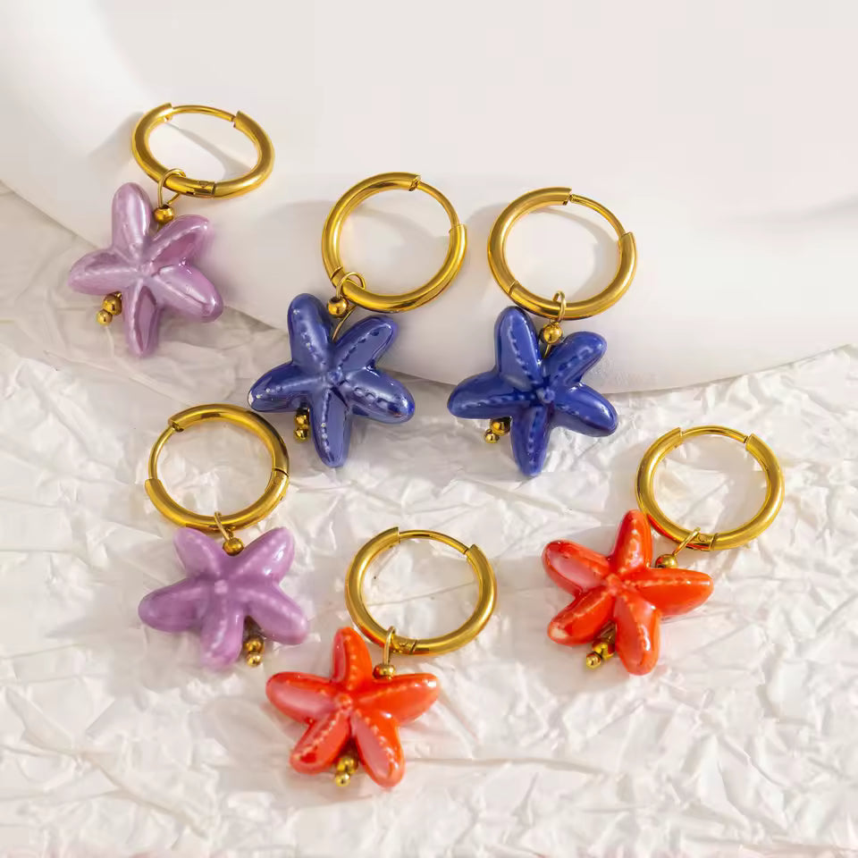 Ceramic Starfish Dangle Hoop Earrings