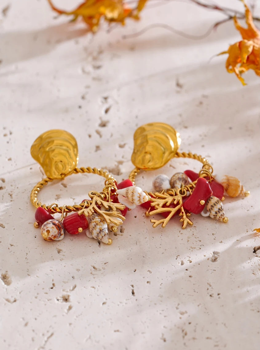 Red Stone & Natural Shell Dangle Earrings