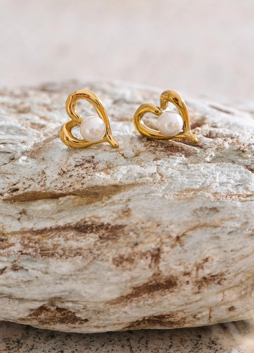 Asymmetrical Heart Pearl Stud Earrings