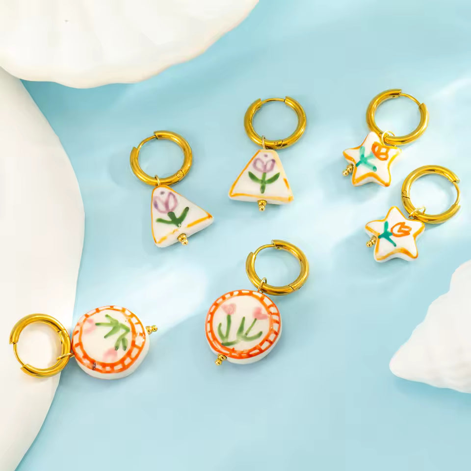 Doodle Flower Ceramic Pendant Hoop Earrings