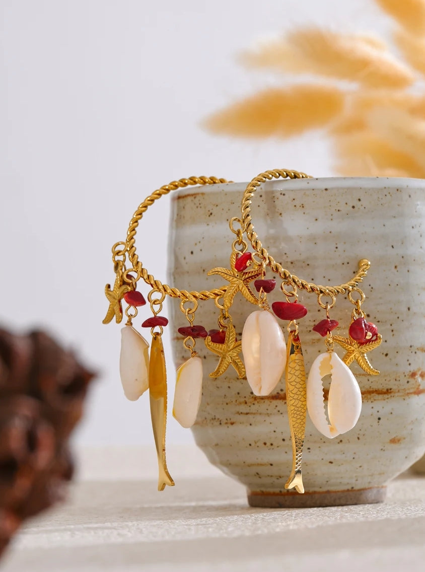 Natural Red Stone & Sea Charms Gold Hoop Earrings