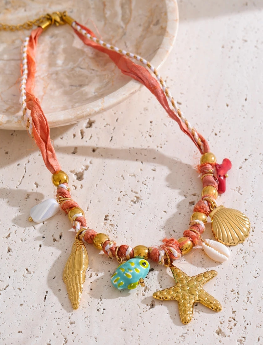 Braided Red Rope Sea Charms Necklace