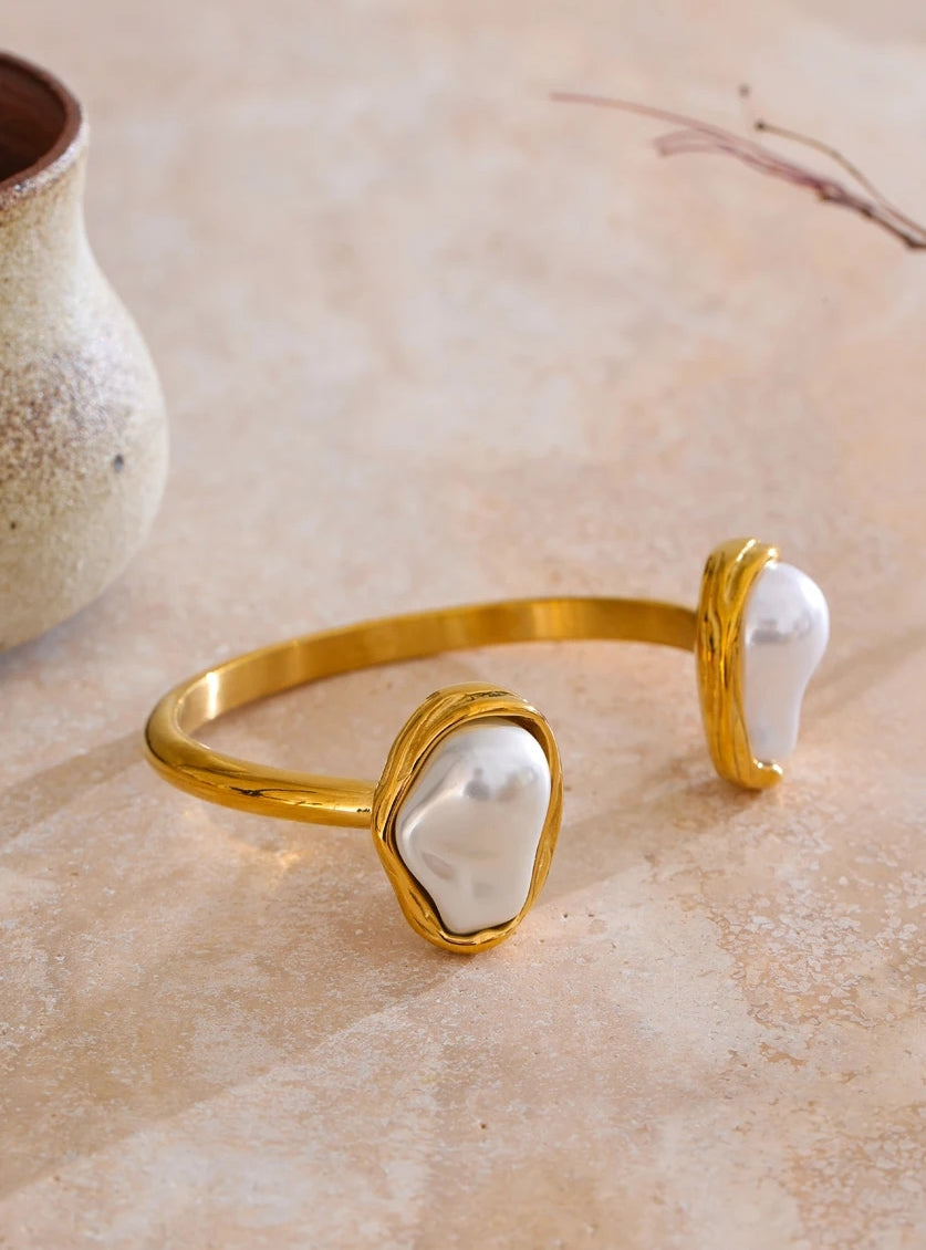 Inlaid Double Natural Pearl Cuff Bracelet