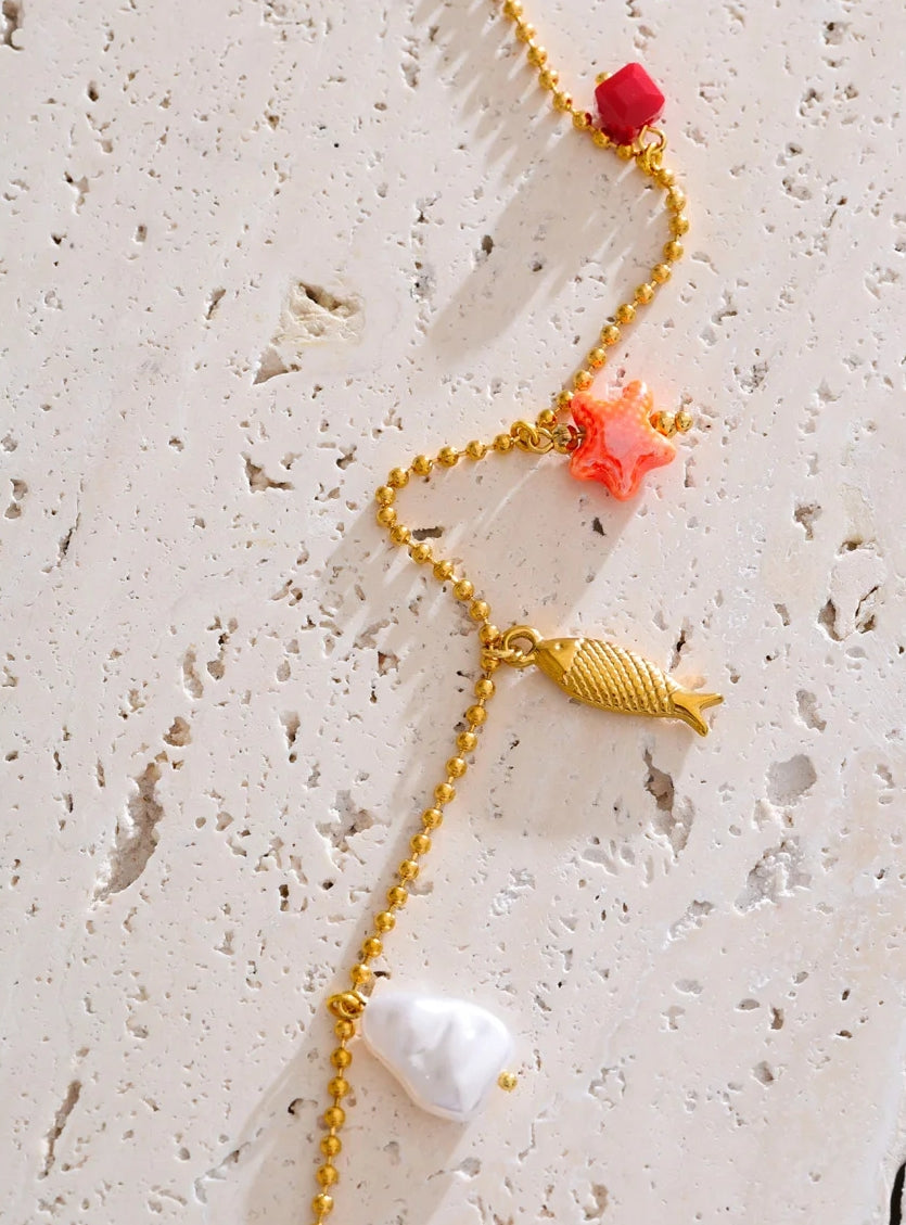 Colorful Ceramic Sea Charm Necklace with Gold Chain