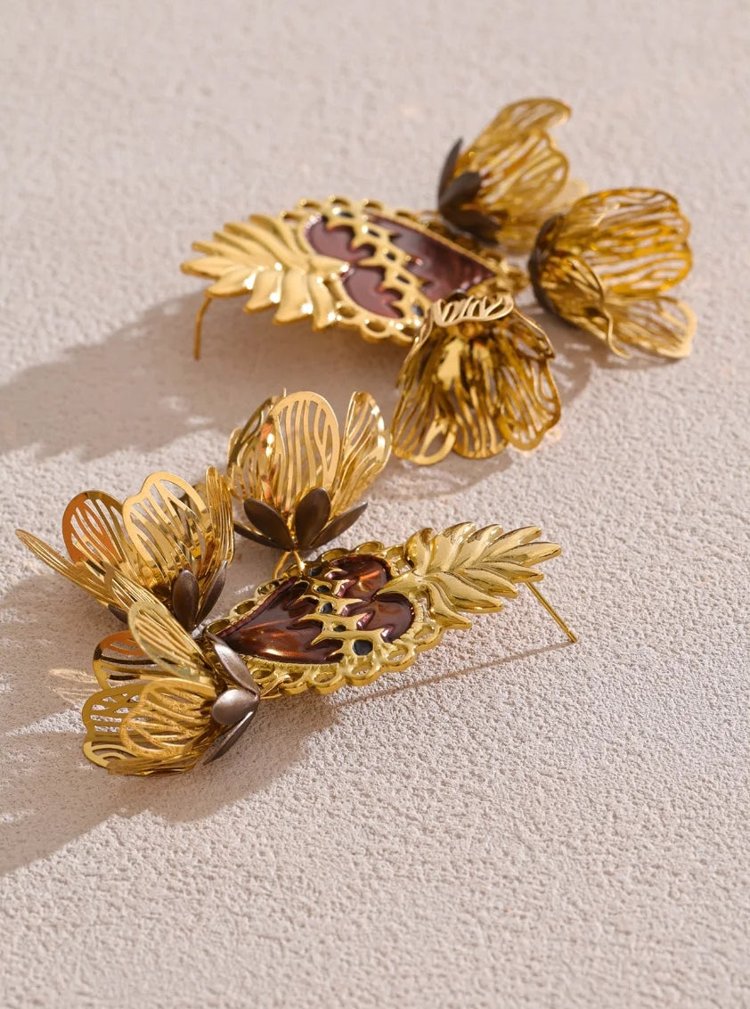 Purple Enamel Heart Flower Petal Dangle Earrings