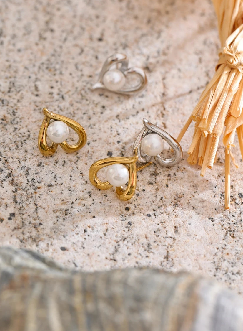 Asymmetrical Heart Pearl Stud Earrings